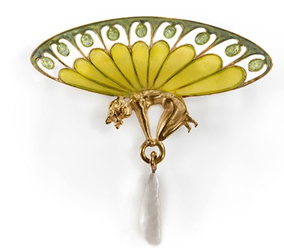 Spilla con smalti e pendente in madreperla, René Lalique, inizio Novecento circa